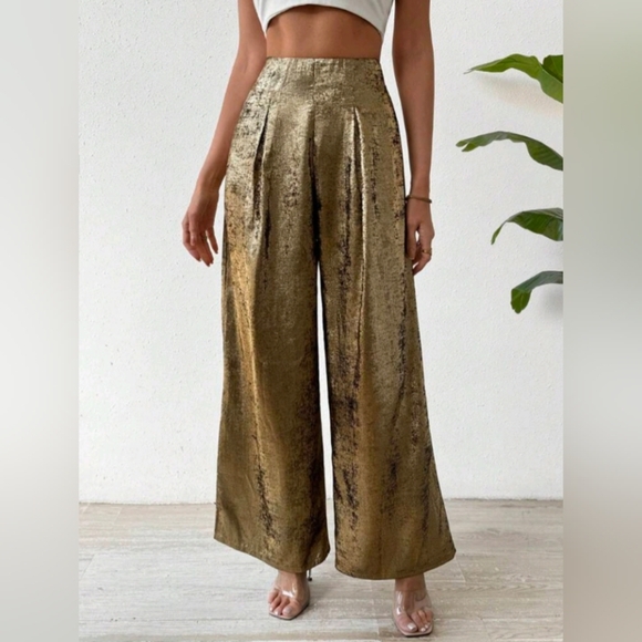 Women's Metallic Effect Pleated Pants For New Year Holiday Party Clothes - Picture 3 of 6